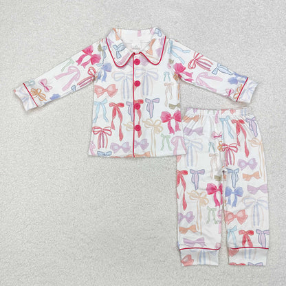 Mommy And Me Baby Girl Long Sleeves Colorful Bows Buttons Shirt Pants Pajamas Clothes Set