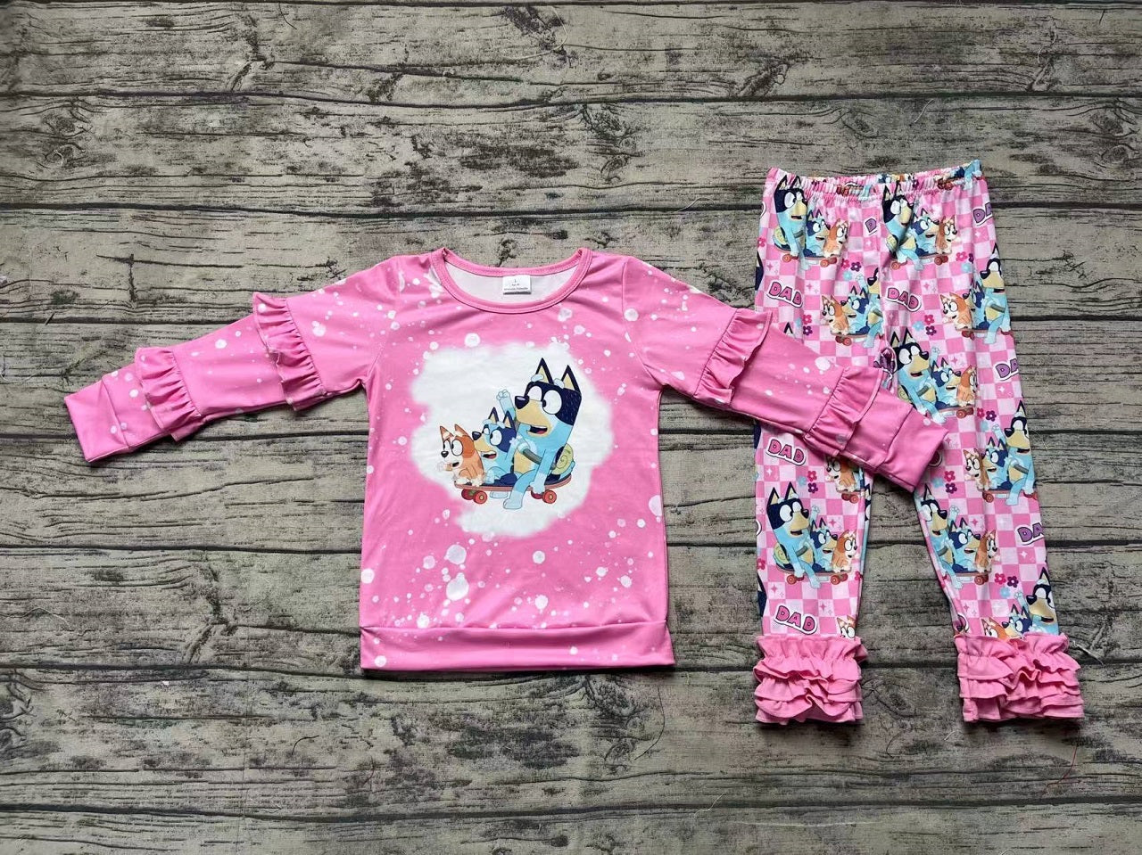 Baby Girl Long Sleeves Dogs Ruffle Shirt Dad Legging Clothes Pink Set