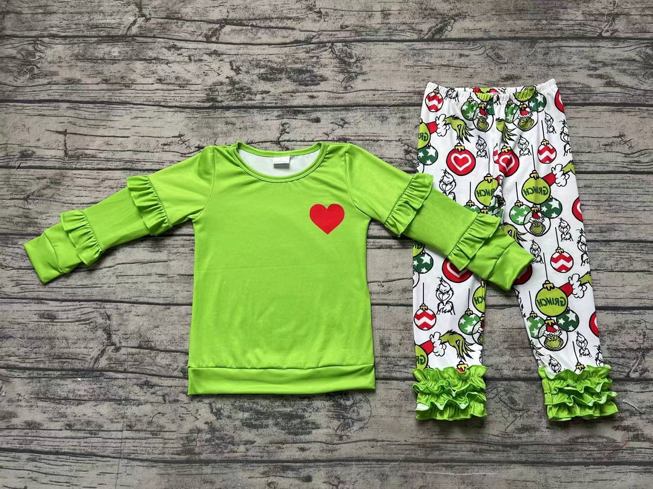 Baby Girl Long Sleeves Heart Ruffle Green Shirt Lights Legging Clothes Christmas Set