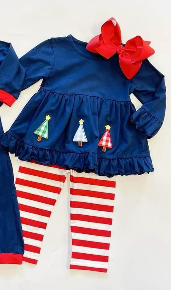 Pre-order Baby Girl Christmas Tree Navy Blue Tunic Stripes Legging Clothes Set