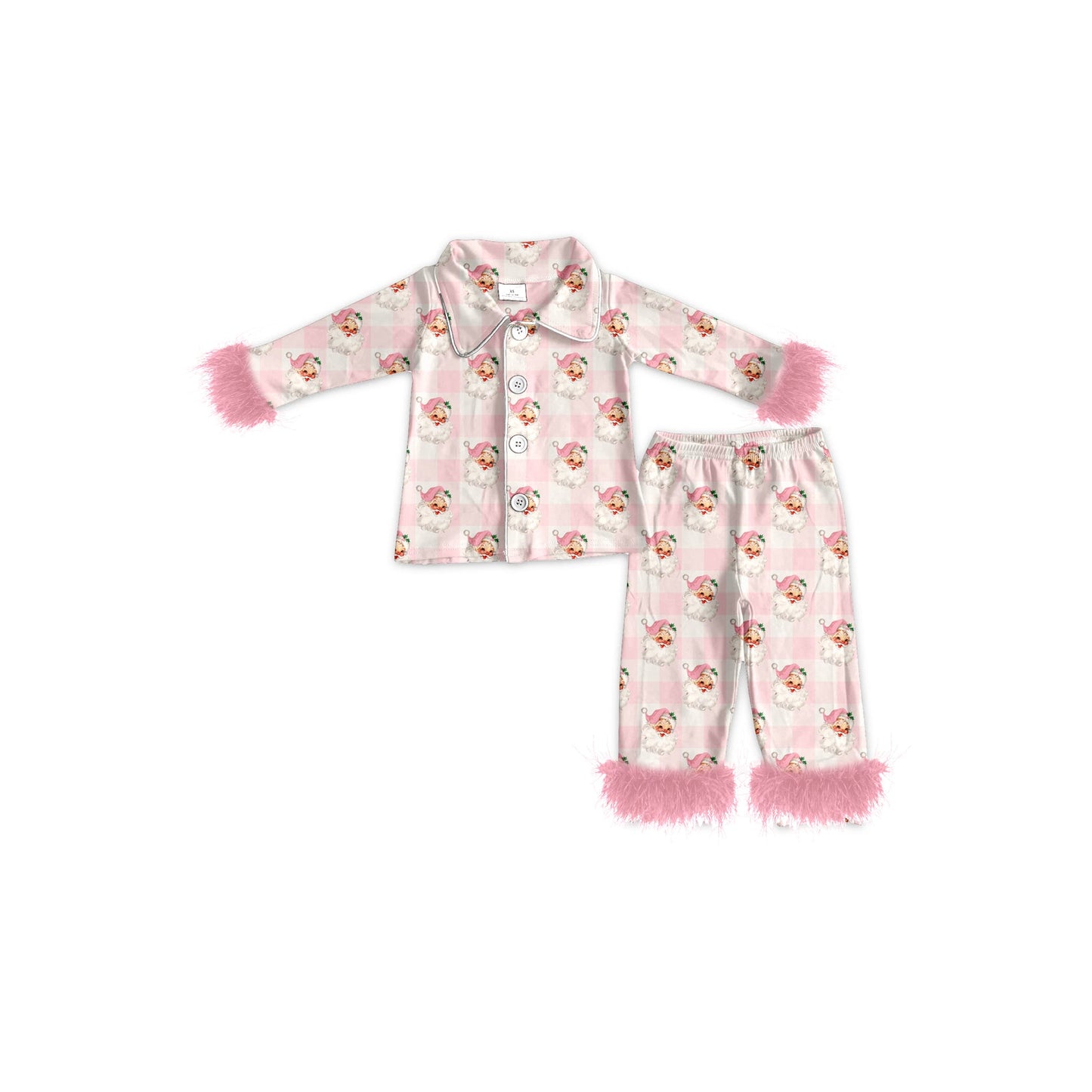 Pre-order Baby Girl Kids Toddler Fur Christmas Santa Checkered Buttons Shirt Pants Pajamas Set