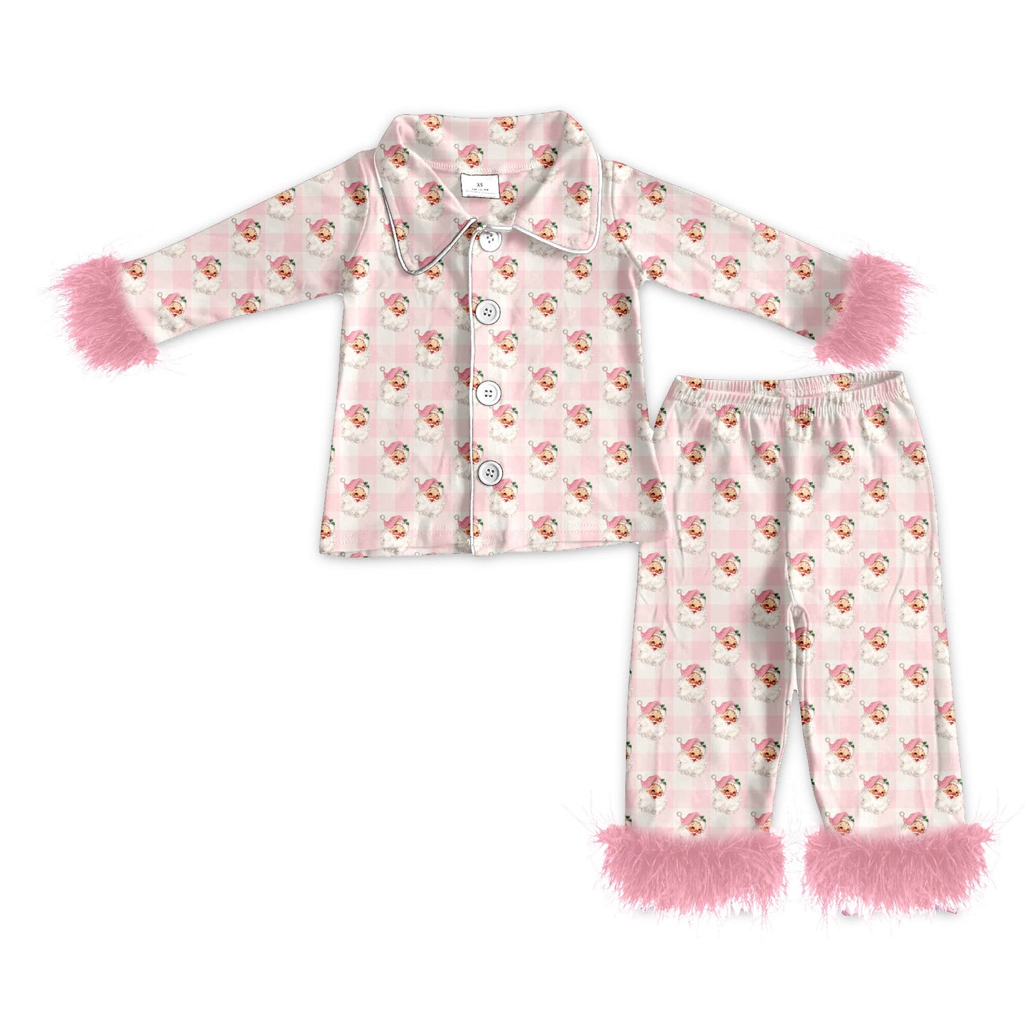 Pre-order Adult Women Fur Long Sleeves Christmas Santa Checkered Buttons Shirt Pants Pajamas Set