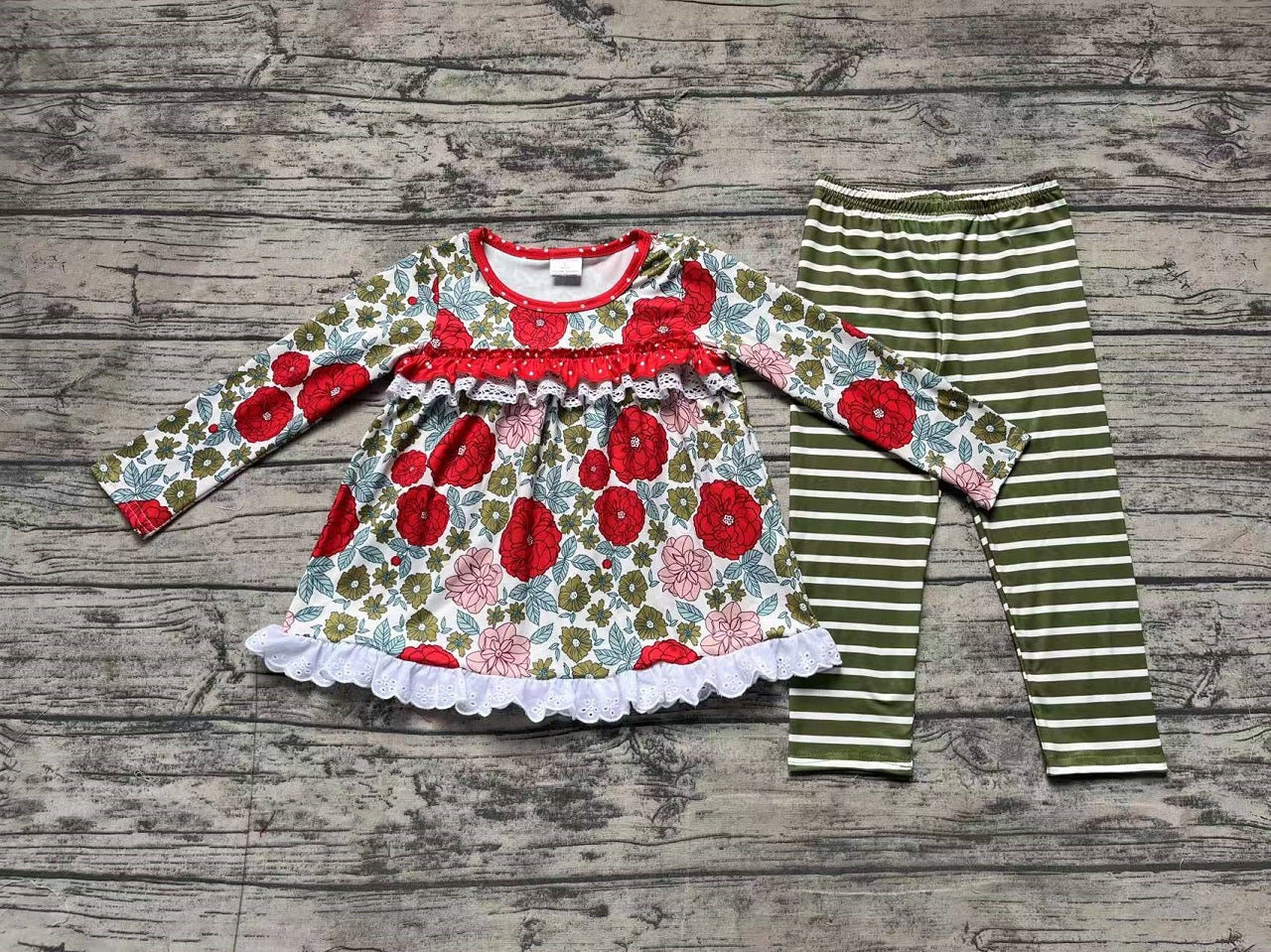 Baby Girl Toddler Red Flower Tunic Stripes Pants Clothes Set