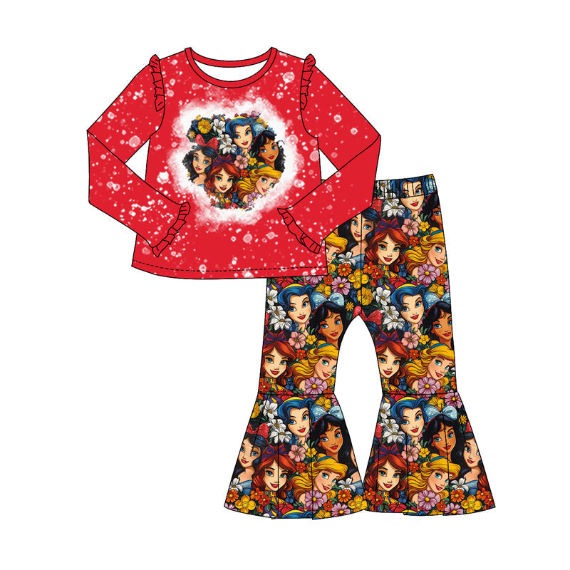 Pre-order Baby Girl Flower Princess Red Shirt Bell Pants Clothes Set