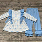 Baby Girl Long Sleeves Blue Bows Tunic Ruffle Cotton Pants Clothes Set