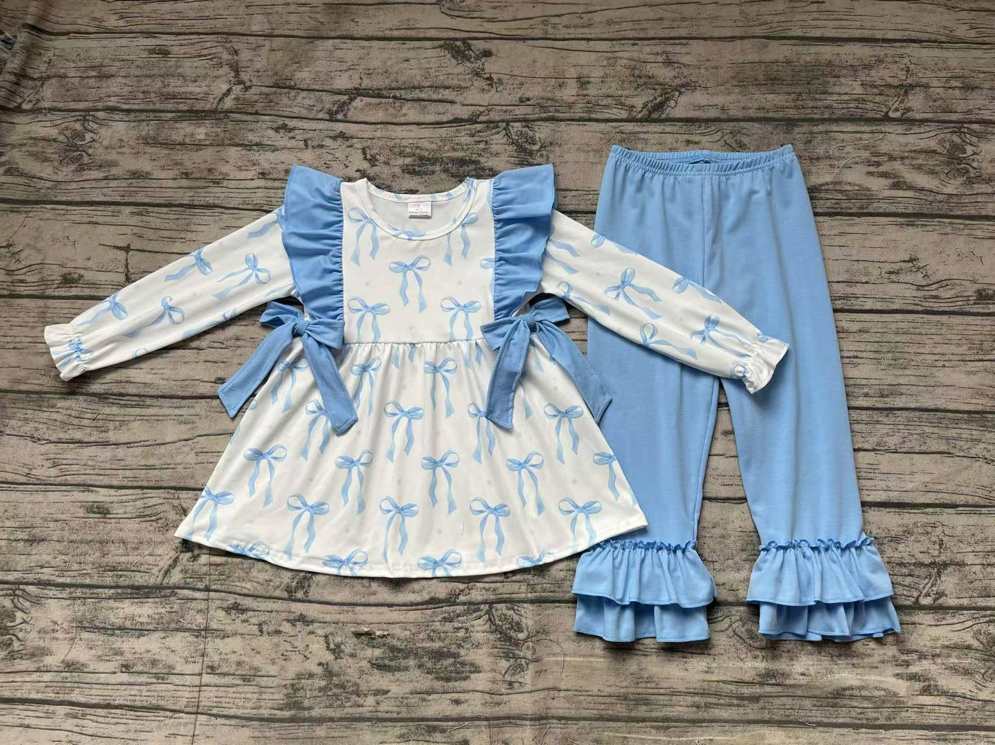 Baby Girl Long Sleeves Blue Bows Tunic Ruffle Cotton Pants Clothes Set