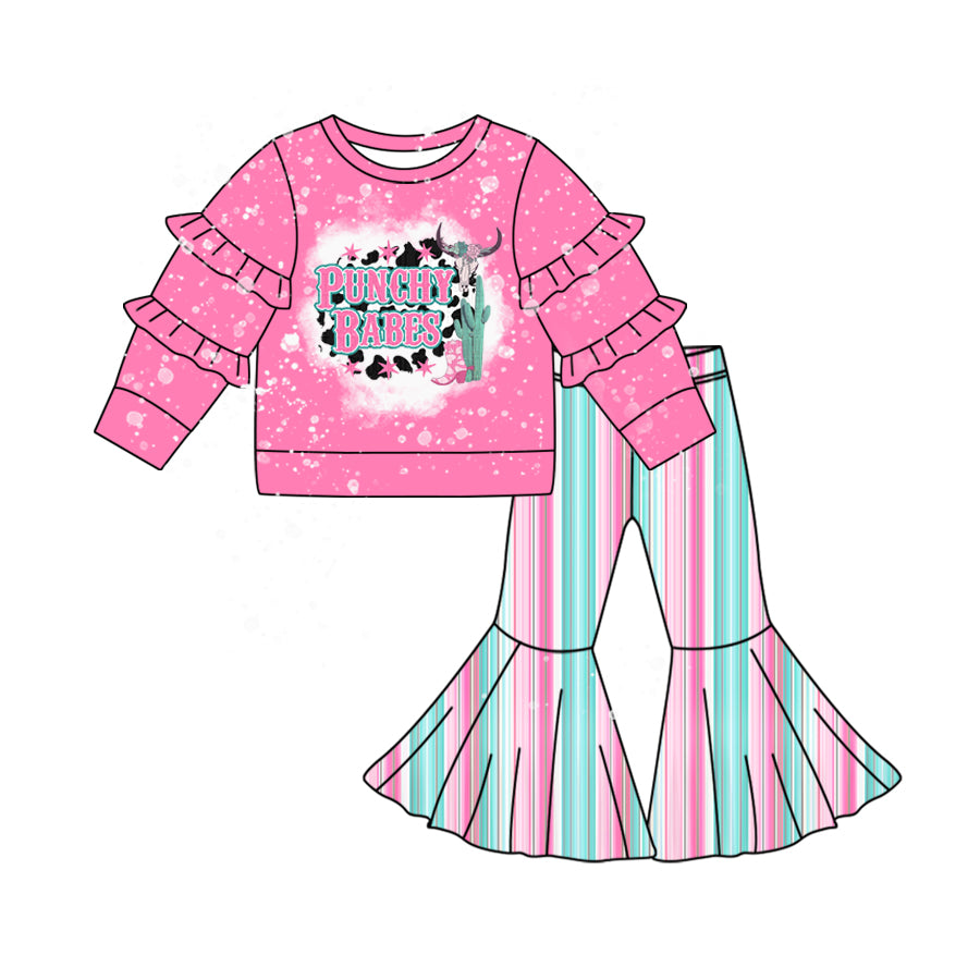 Pre-order Baby Girl Punchy Babes Ruffle Pink Shirt Stripes Bell Pants Western Set