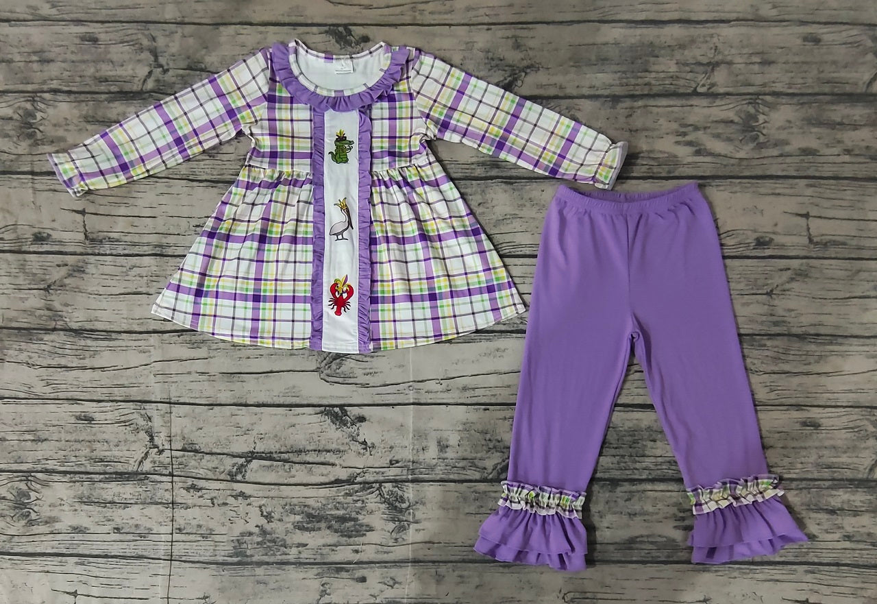 Pre-order Baby Girl Mardi Gras Checkered Crawfish Tunic Ruffle Purple Pants Clothes Set