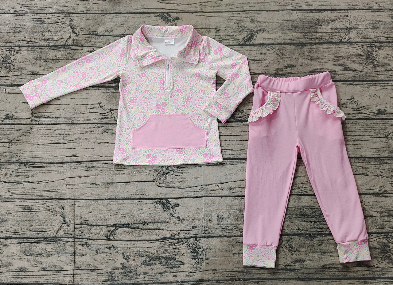 Baby Girl Long Sleeves Flower Pocket Shirt Pink Legging Clothes Set