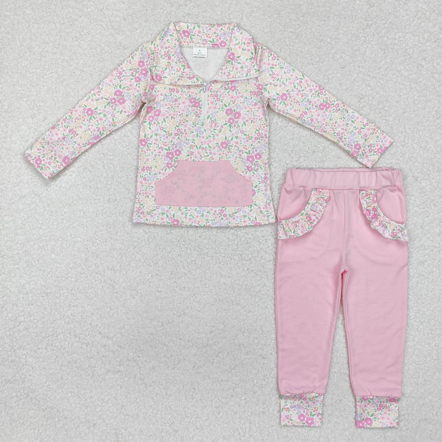 Sibling Baby Girls Toddler Long Sleeves Flower Zipper Shirts Pockets Pants Clothes Sets RTS