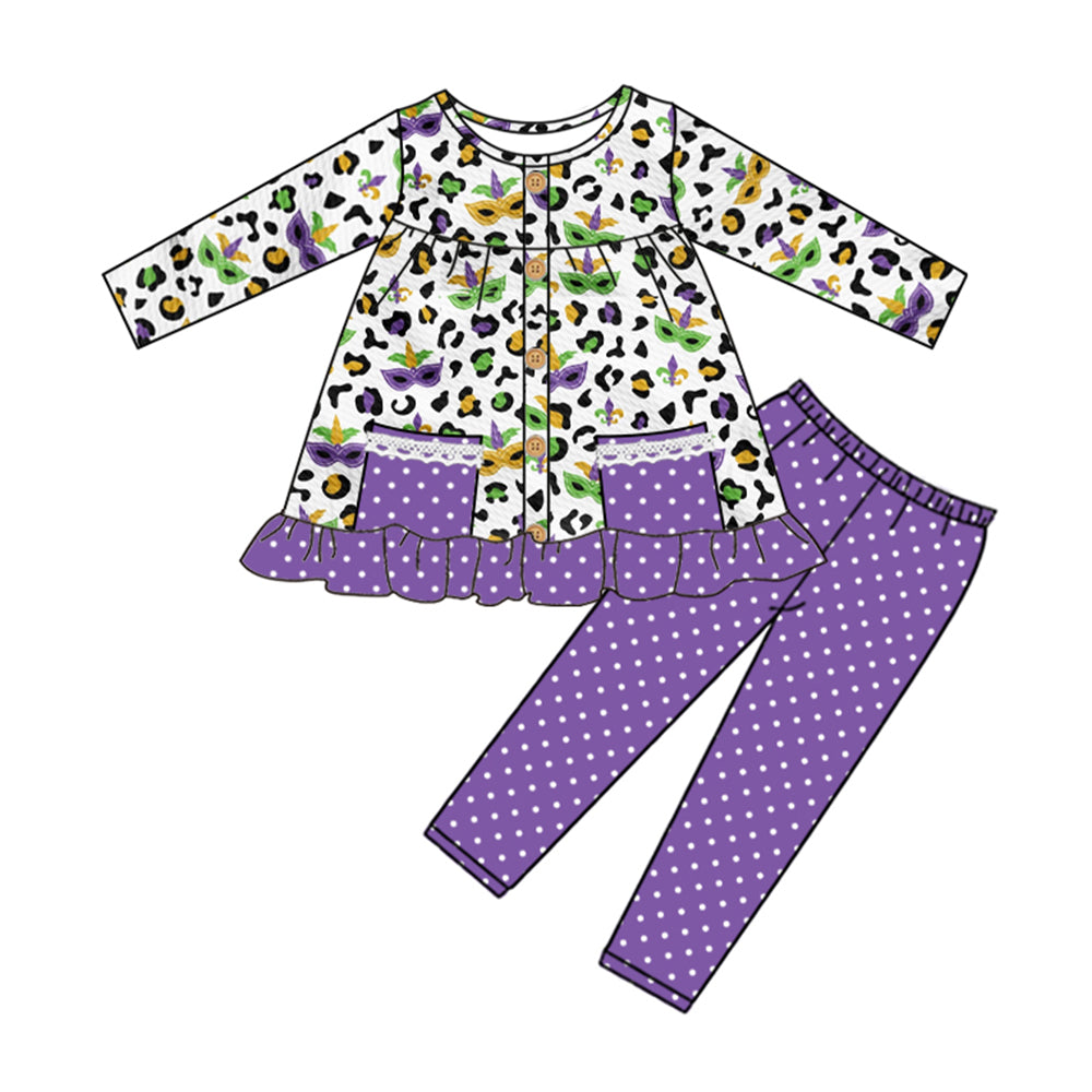 Pre-order Baby Girl Mardi Gras Leopard Pocket Tunic Purple Legging Clothes Set