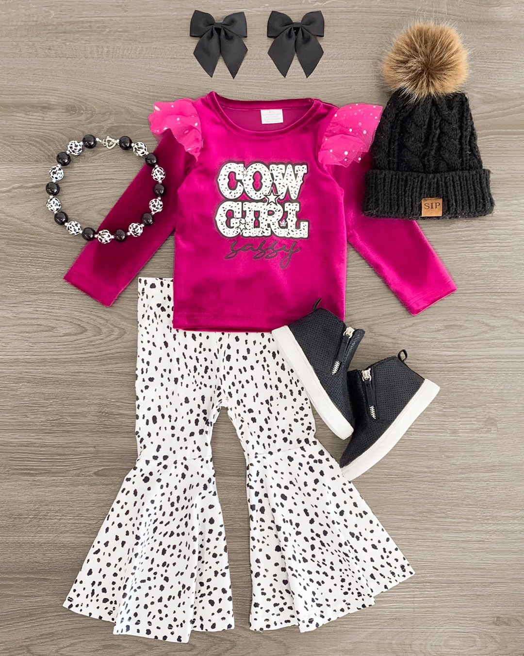 Pre-order Baby Girl Cowgirl Sassy Shirt Dots Bell Pants Clothes Set