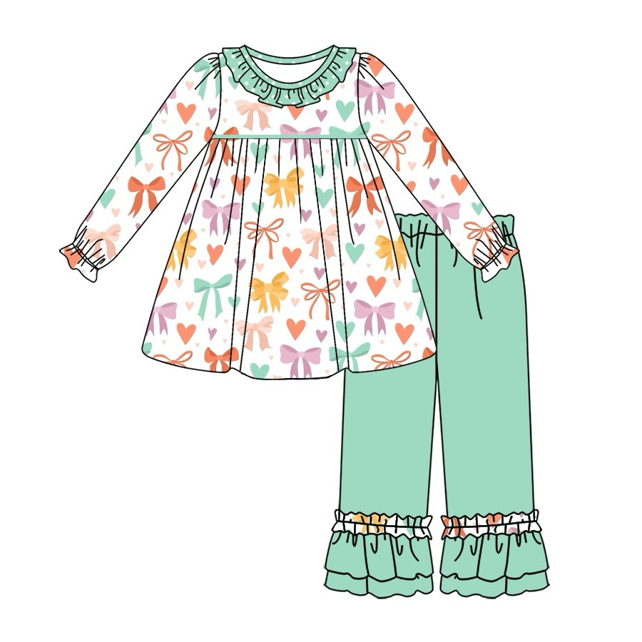 Pre-order Baby Girl Bows Tunic Ruffle Green Pants Clothes Set