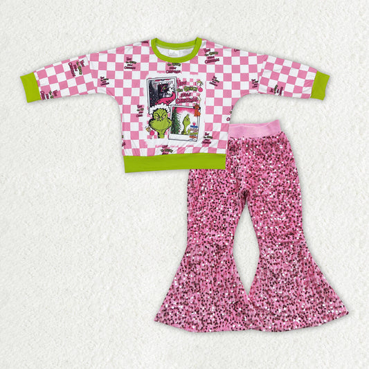 Baby Girl Christmas Frog Shirt Pink Sequins Bell Pants Clothes Set