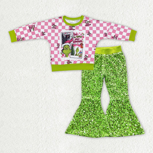 Baby Girl Christmas Frog Shirt Green Sequins Bell Pants Clothes Set