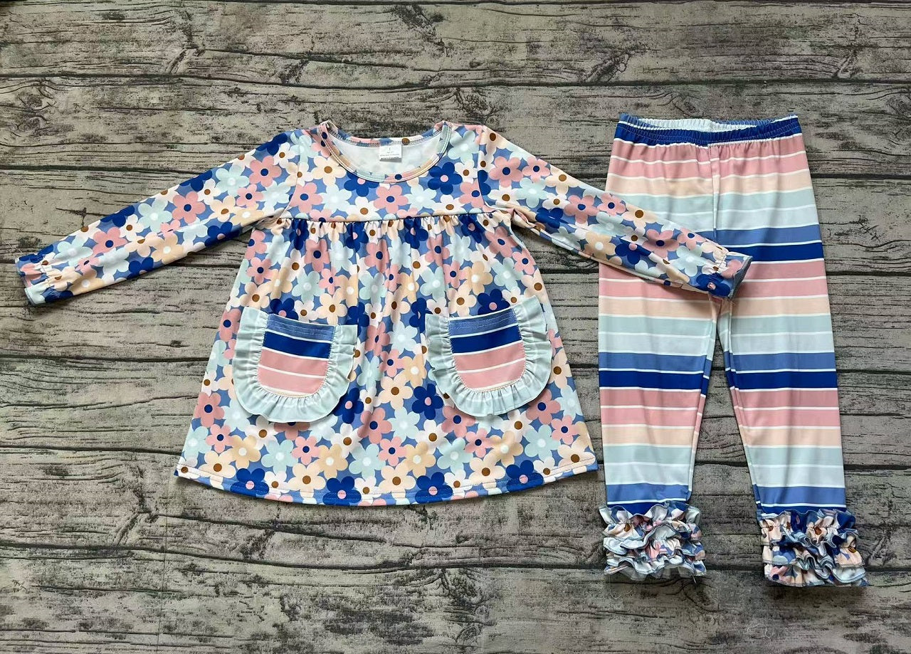 Baby Girl Long Sleeves Flower Pocket Tunic Stripes Legging Clothes Set