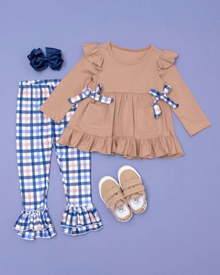 Pre-order Baby Girl Brown Cotton Tunic Plaid Ruffle Pants Clothes Set
