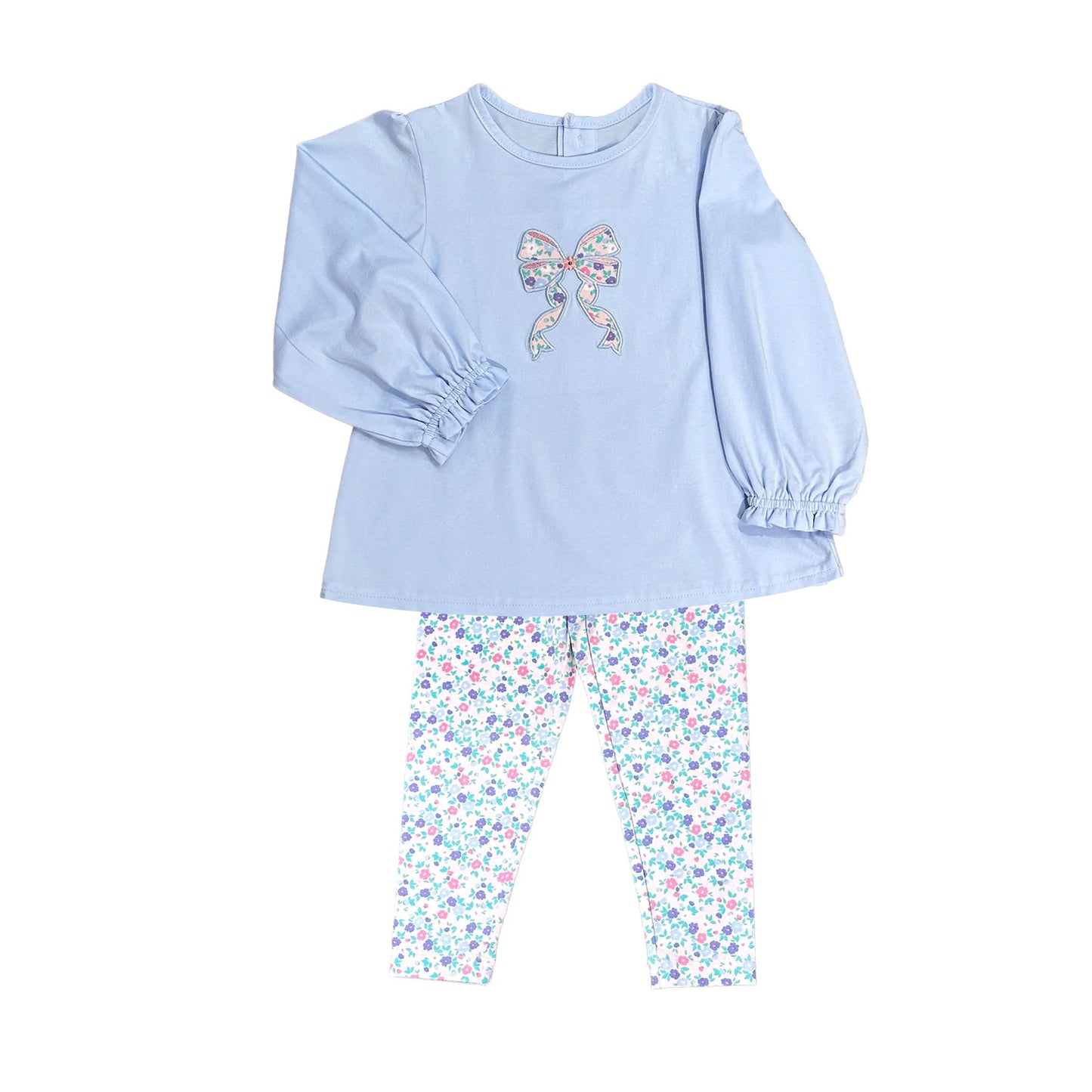 Pre-order Baby Girl Bow Blue Tunic Floral Legging Clothes Set