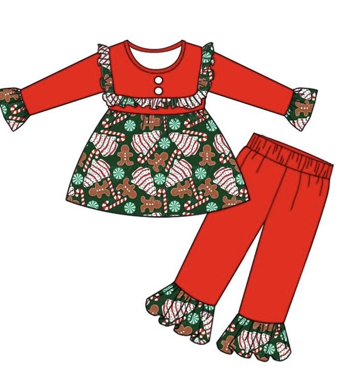 Pre-order Baby Girl Cake Gingerbread Tunic Red Pants Christmas Clothes Set