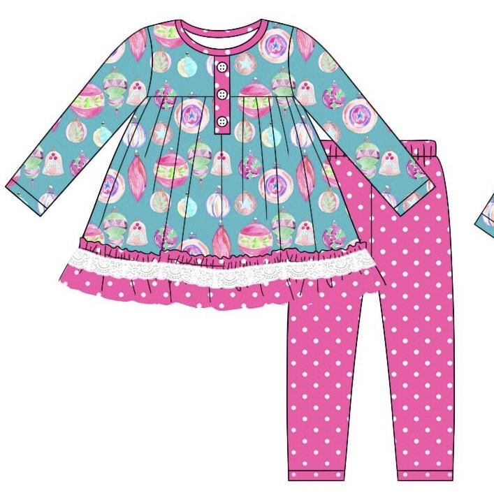 Pre-order Baby Girl Christmas Lights Tunic Dots Pants Girls Clothes Set