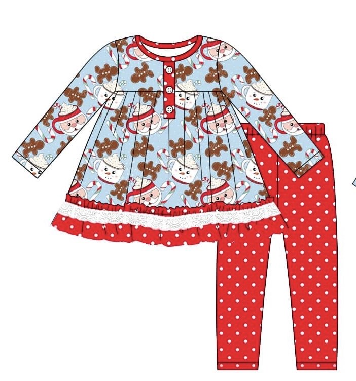 Pre-order Baby Girl Gingerbread Milk Candy Tunic Dots Pants Christmas Clothes Set
