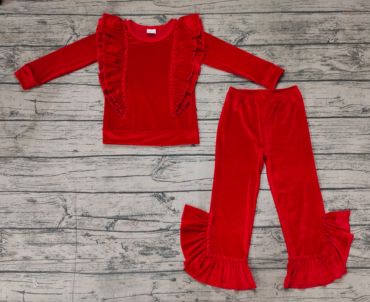 Baby Girl Long Sleeves Red Shirt Velvet Ruffle Pants Clothes Set