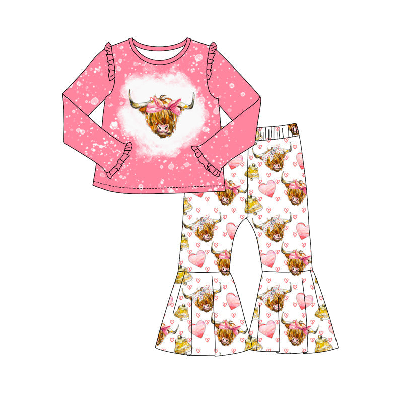 Pre-order Baby Girl Long Sleeves Cow Pink Shirt Western Bell Pants Clothes Valentines Set