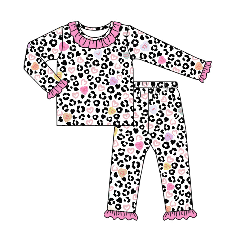 Pre-order Baby Girl Long Sleeves Leopard Valentines Shirt Pants Pajamas Clothes Set