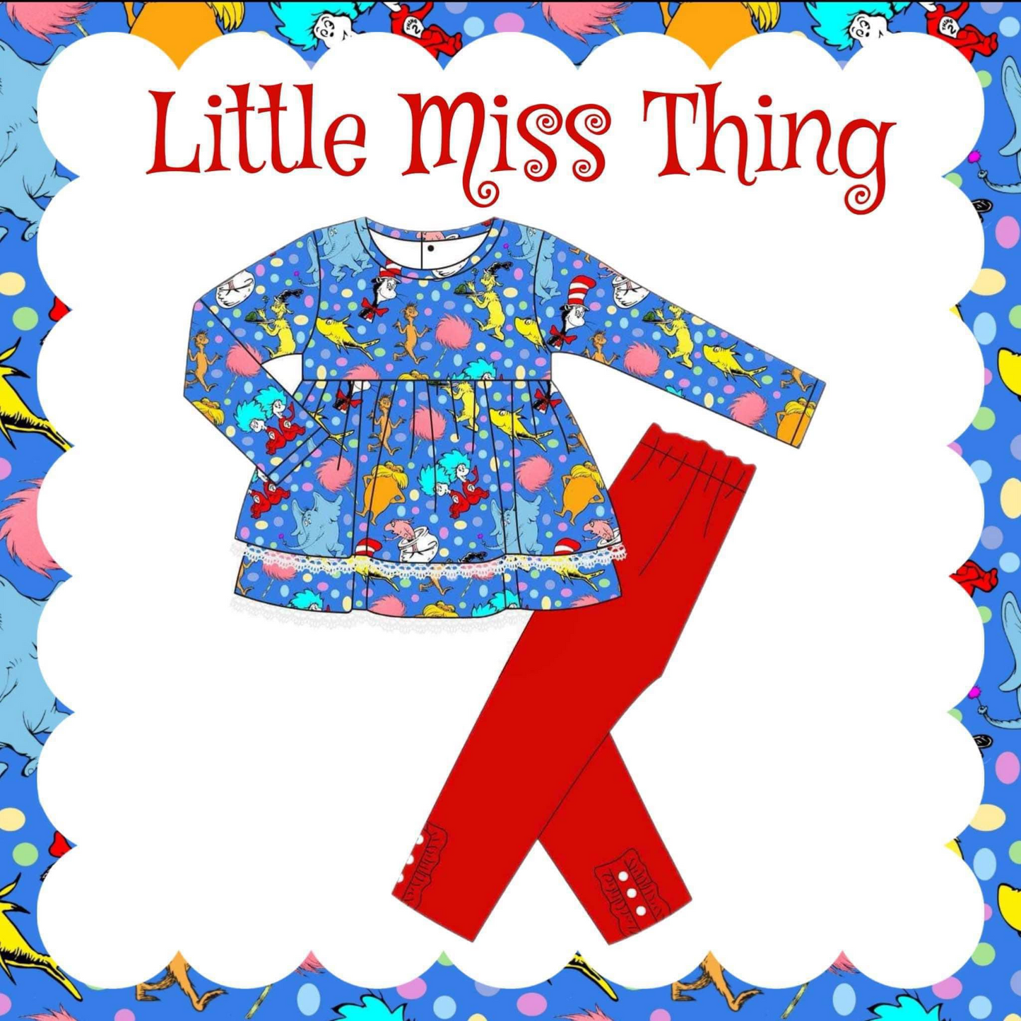 Pre-order Baby Girl Long Sleeves Dr Reading Blue Tunic Red Legging Clothes Set