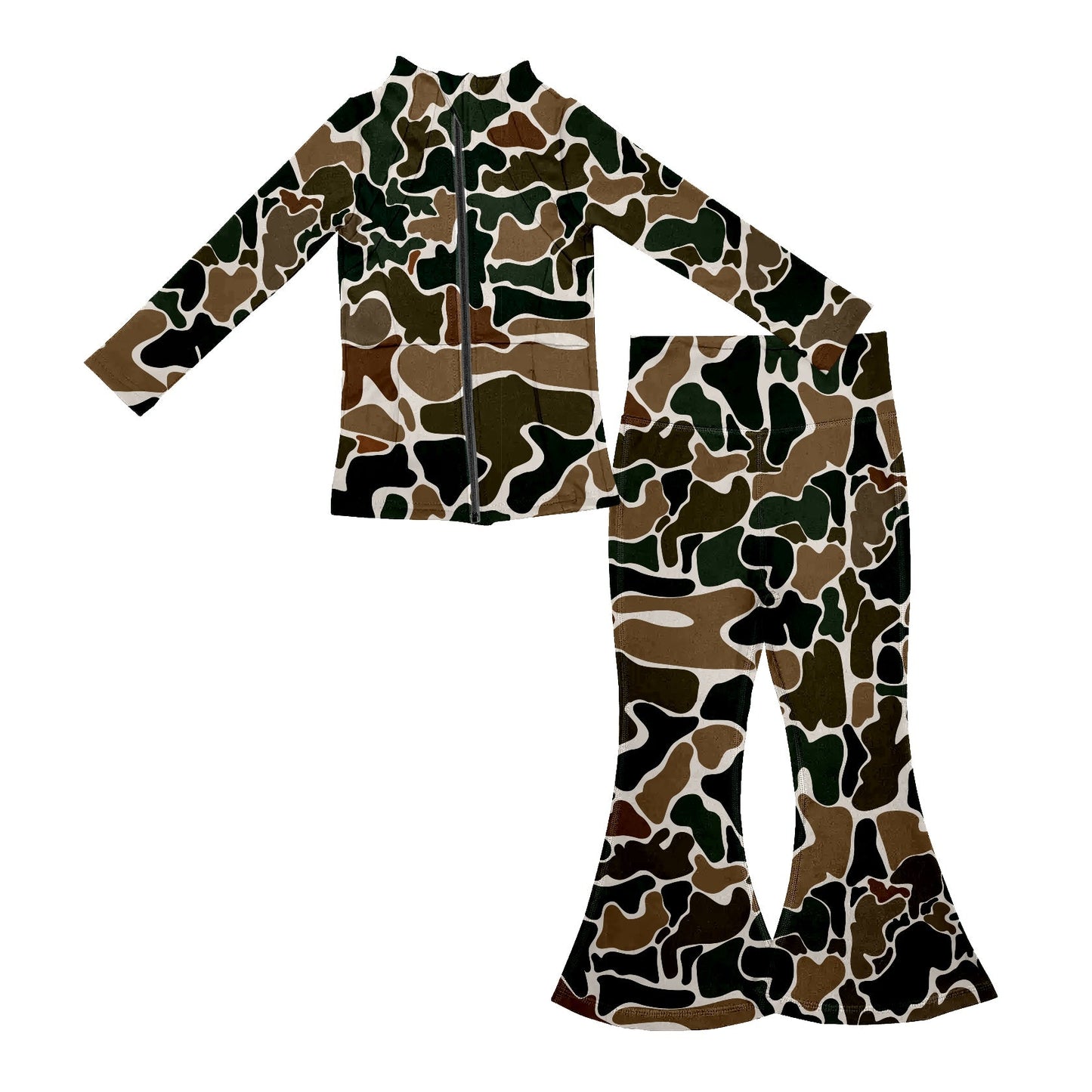 Pre-order Baby Girl Brown Camo Yoga Zipper Shirt Bell Pants Active Wear Clothes Set