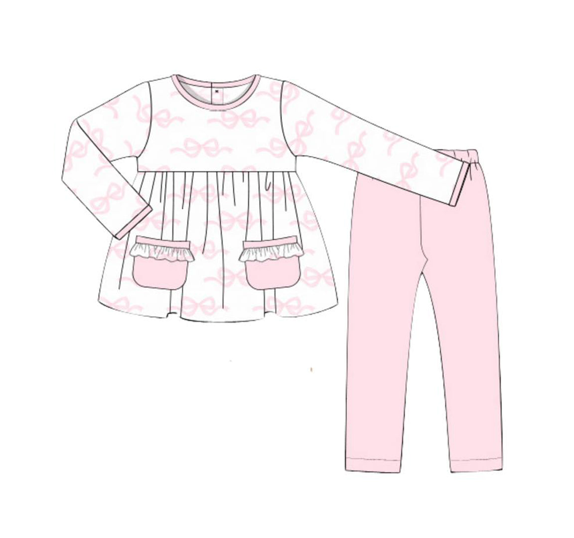 Pre-order Baby Girl Long Sleeves Bows Pocket Tunic Pink Pants Clothes Set