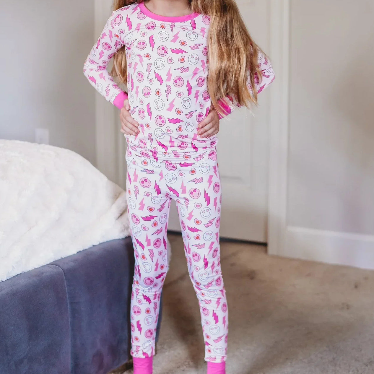 Pre-order Baby Girl Long Sleeves Valentines Hearts Smile Shirt Pants Pink Pajamas Set