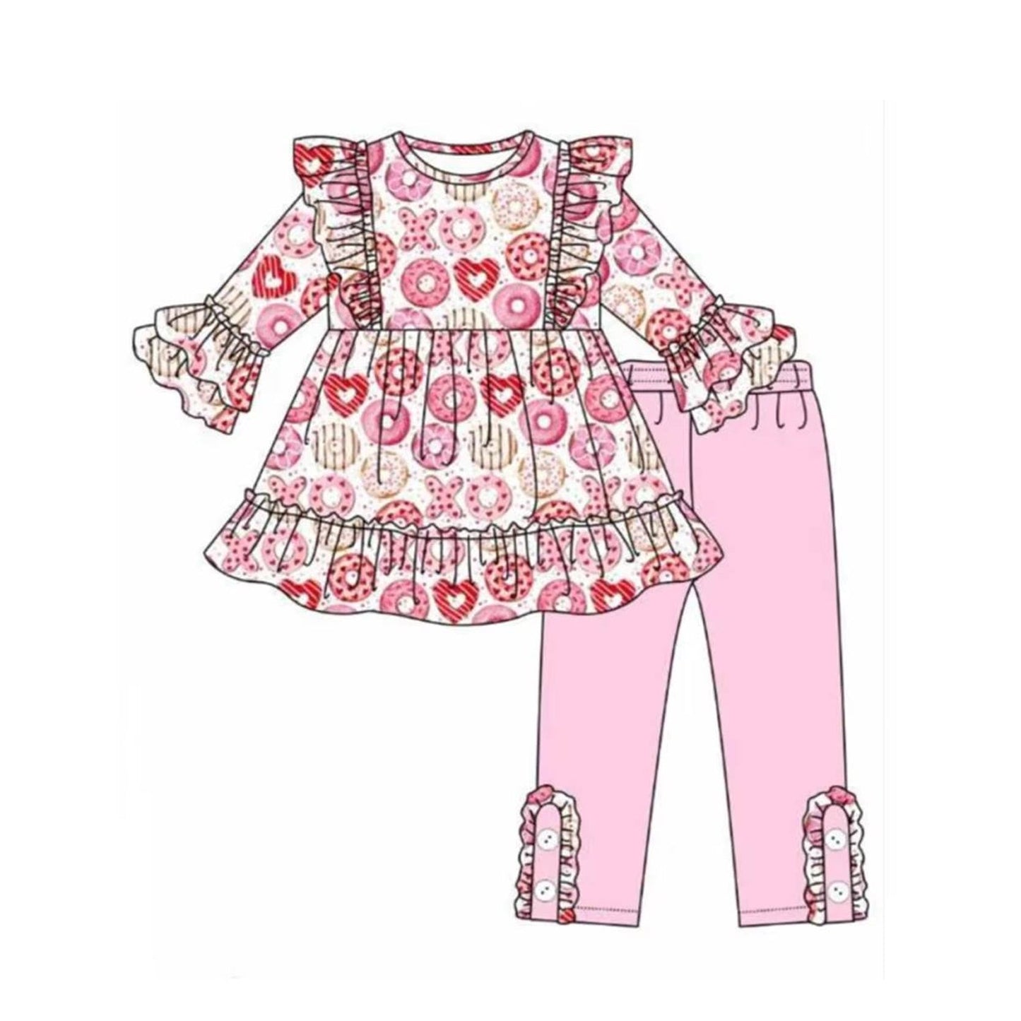 Pre-order Baby Girl Donuts Tunic Pink Ruffle Pants Valentines Clothes Set