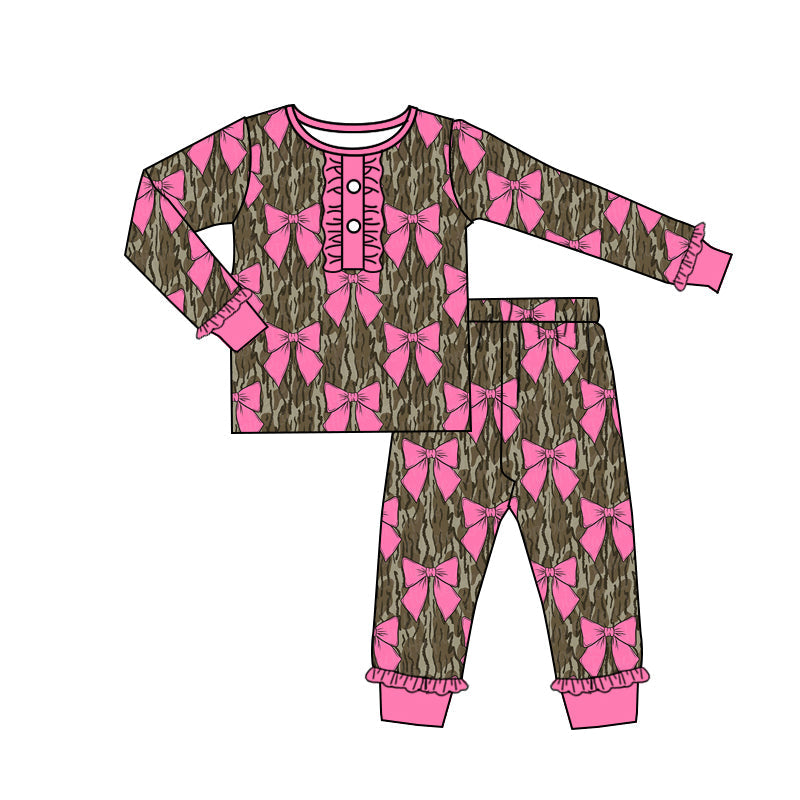 Pre-order Baby Girl Long Sleeves Camo Bows Shirt Pants Pajamas Clothes Set