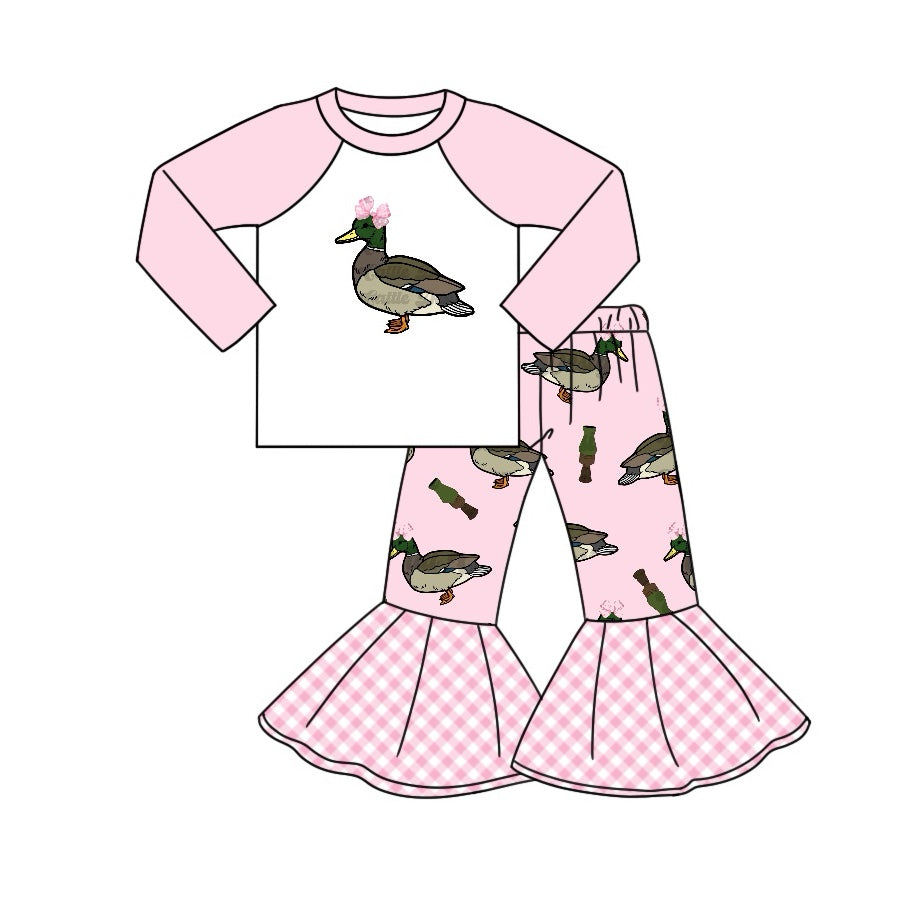 Pre-order Baby Girl Pink Long Sleeves Duck Bow Shirt Bell Pants Clothes Set