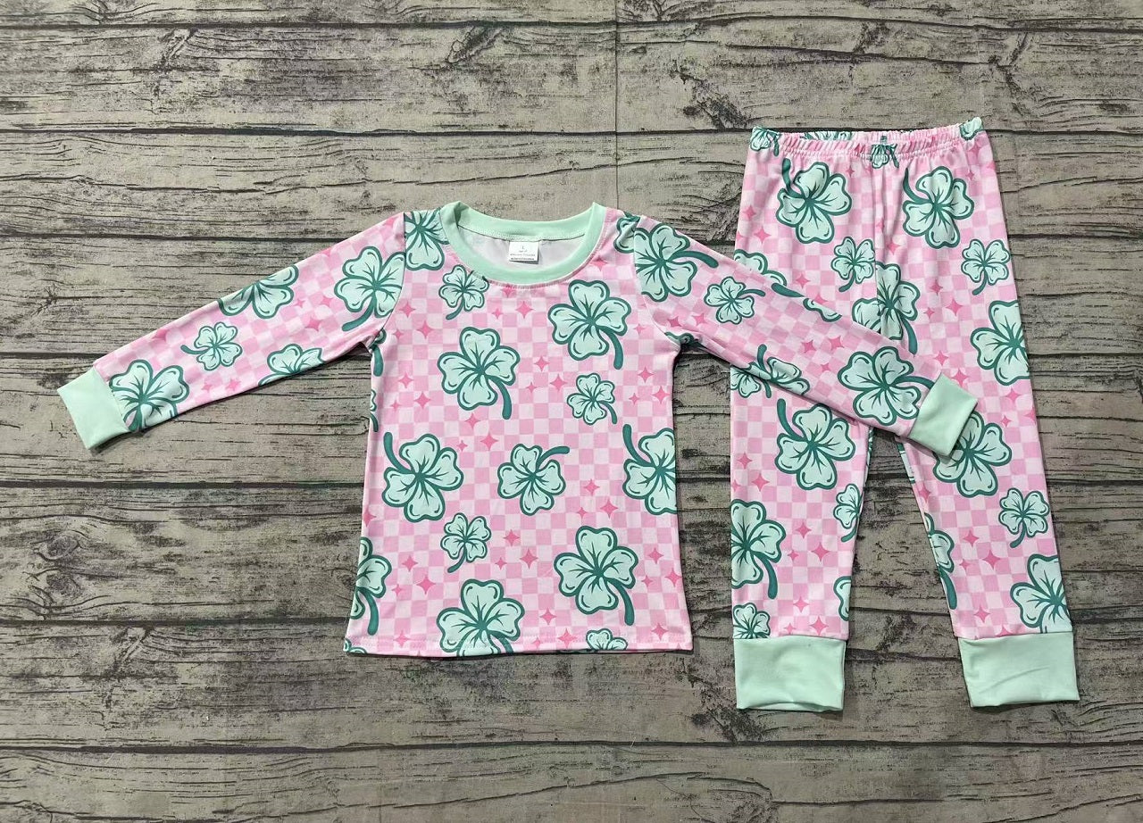 Baby Girl Long Sleeves St Patrick Clover Shirt Checkered Pants Pajamas Clothes Set