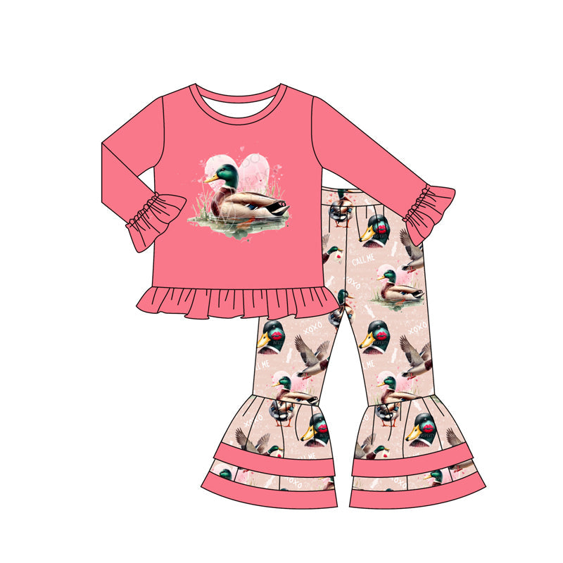 Pre-order Baby Girl Valentines Duck Hearts Shirt Ruffle Pants Clothes Set