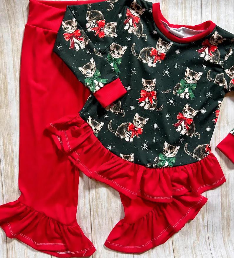 Pre-order Baby Girl Long Sleeves Christmas Cats Shirt Red Pants Clothes Set