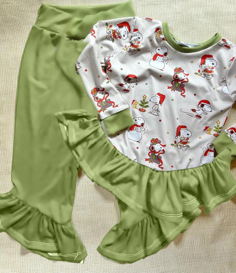 Pre-order Baby Girl Long Sleeves Christmas Dog Shit Green Pants Clothes Set