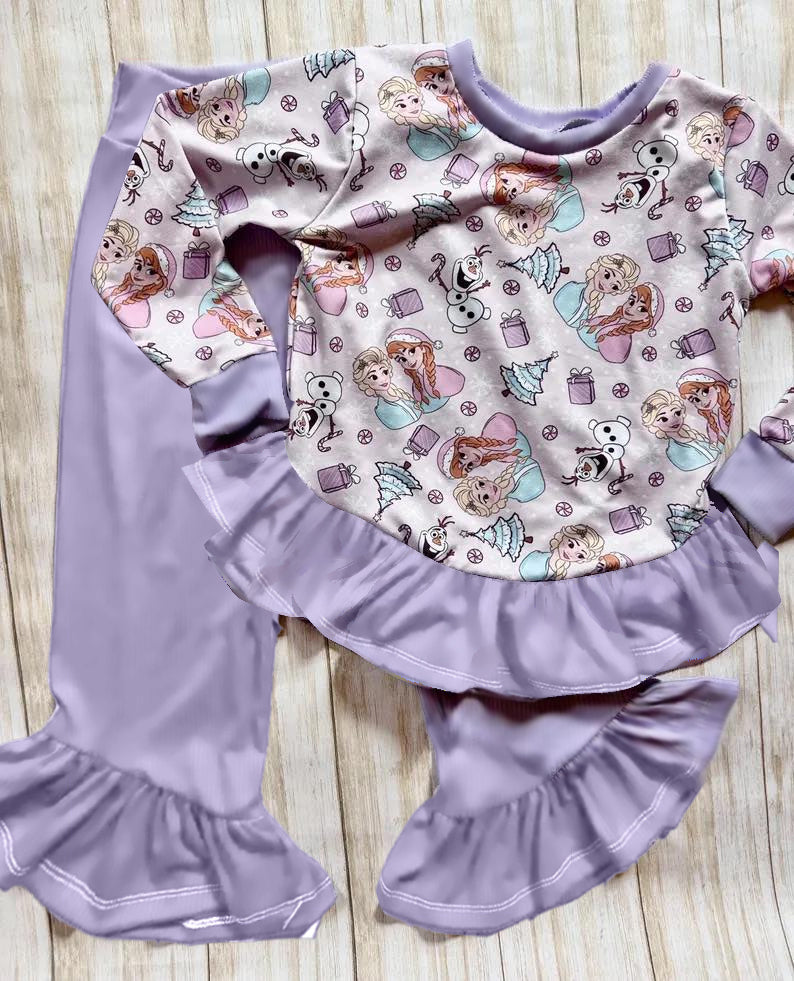 Pre-order Baby Girl Long Sleeves Princess Sister Shirt Purple Pants Clothes Set