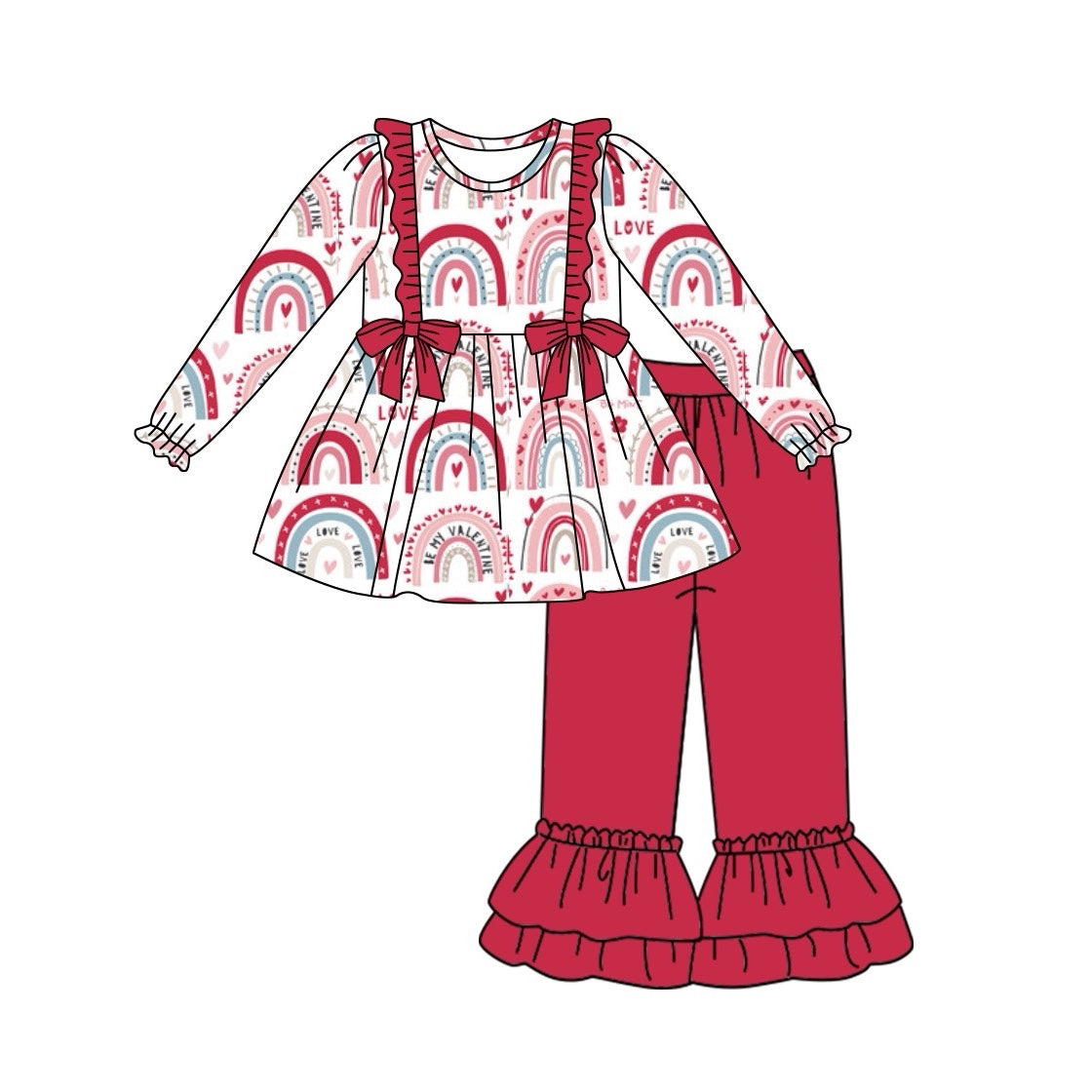 Pre-order Baby Girl Long Sleeves Valentine Rainbow Hearts Bows Tunic Red Pants Outfit Clothes Set