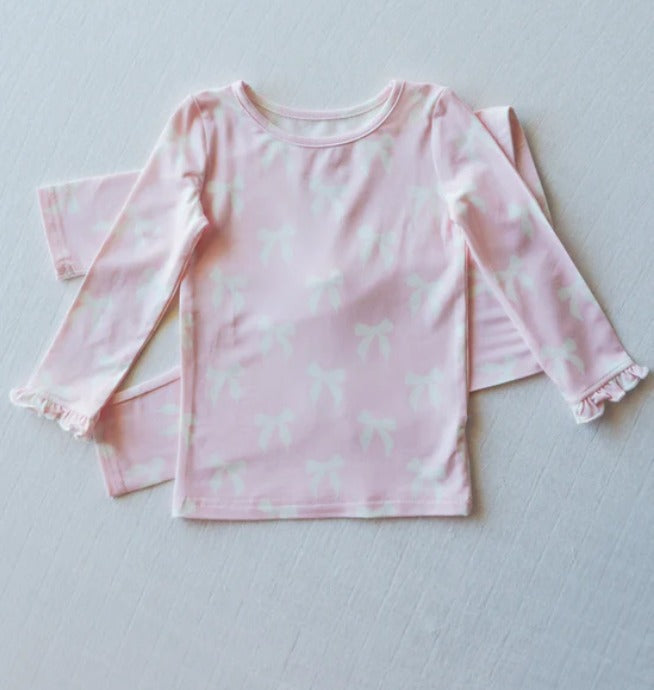 Pre-order Baby Girl Long Sleeves Bow Shirt Pants Pajamas Clothes Pink Set