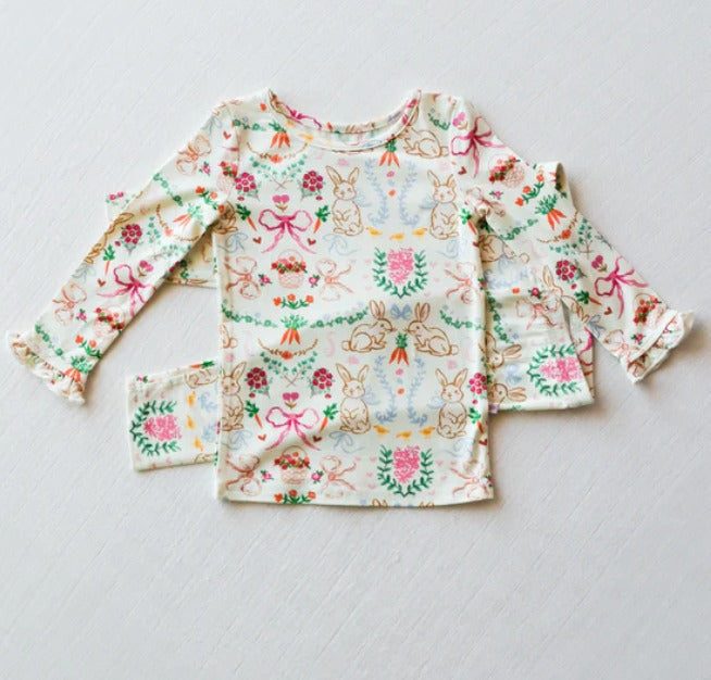 Pre-order Baby Girl Long Sleeves Easter Rabbit Bows Shirt Pants Pajamas Clothes Set