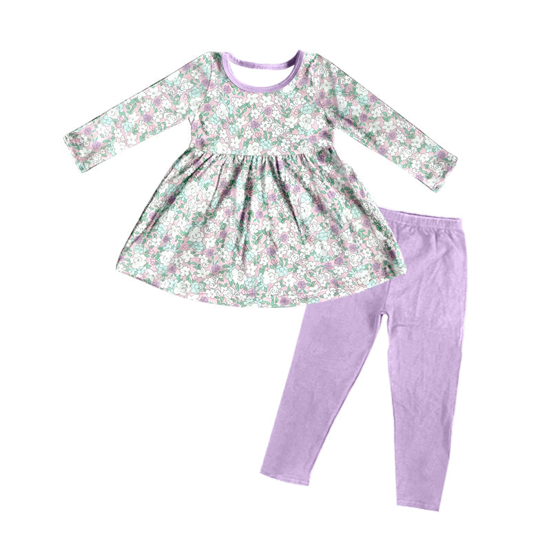 Preorder Baby Girl Long Sleeves Flower Tops Purple Legging Pants Clothes Set