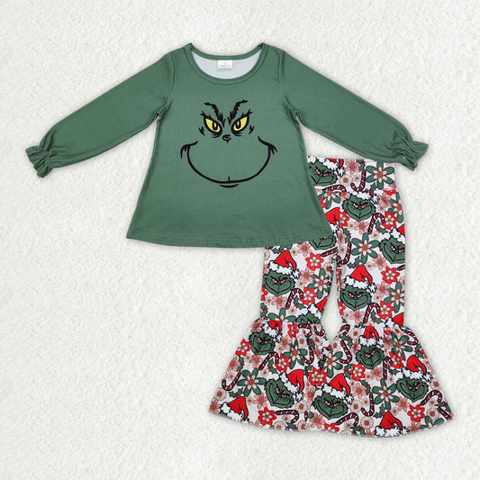 Baby Girl Green Long Sleeves Christmas Frog Smile Tops Bell Pants Clothes Set