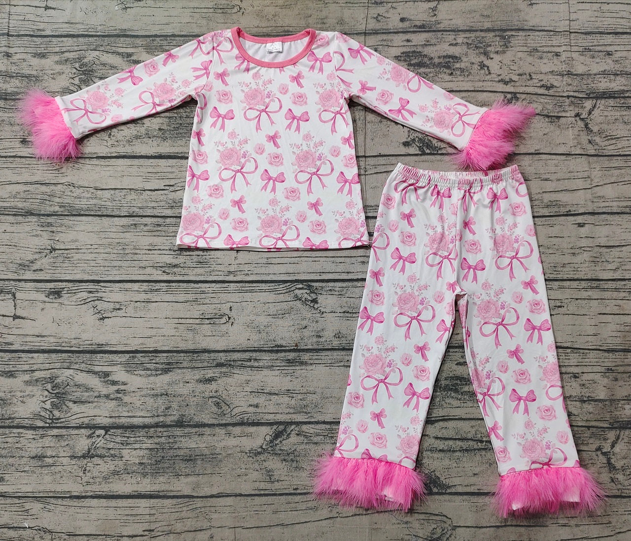 Baby Girl Long Sleeves Valentines Pink Bows Fur Shirt Pants Pajamas Clothes Set