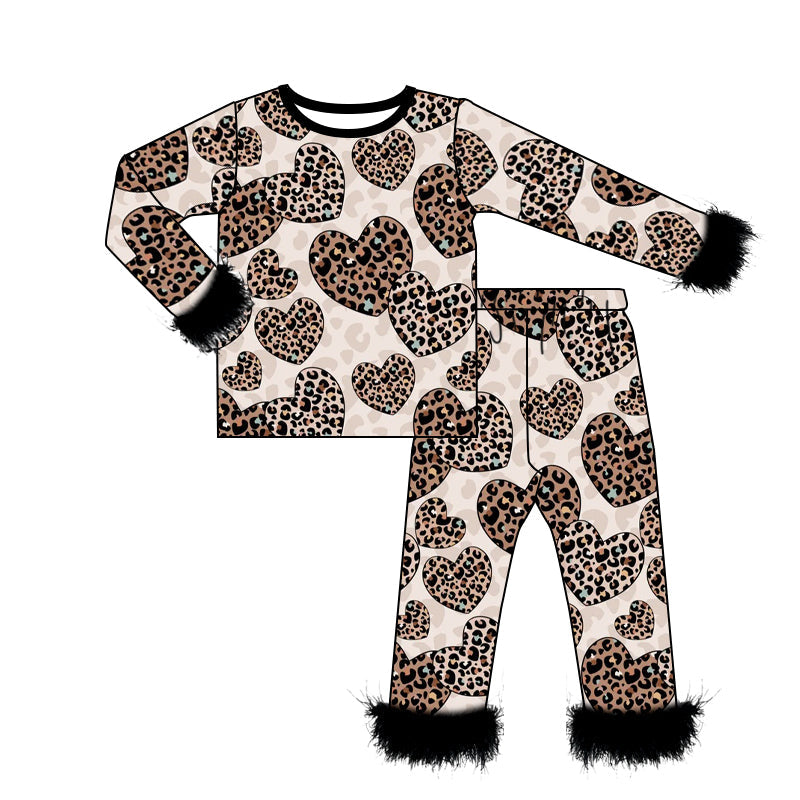 Preorder Baby Girl Leopard Hearts Fur Shirt Pants Pajamas Clothes Valentine Set