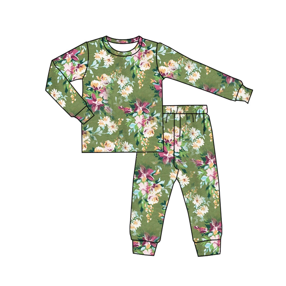 Preorder Baby Girl Long Sleeves Flower Shirt Pants Pajamas Clothes Green Set