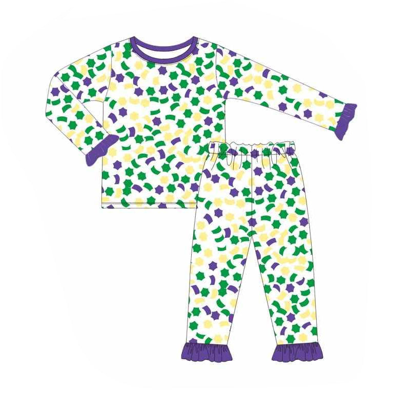 Preorder Baby Girl Kids Long Sleeves Mardi Gras Shirt Pants Pajamas Clothes Set