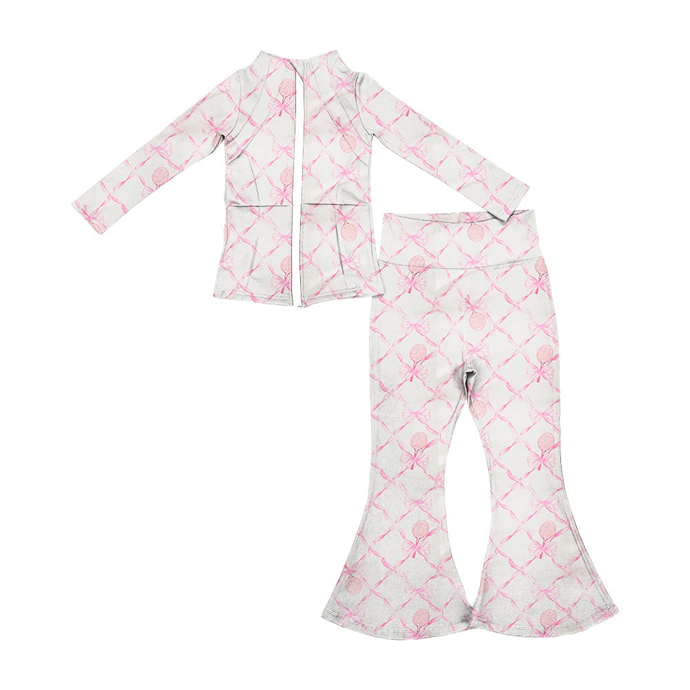 Preorder Baby Girl Long Sleeves Pink Bow Zipper Shirt Pants Yoga Active Wear Clothes Set